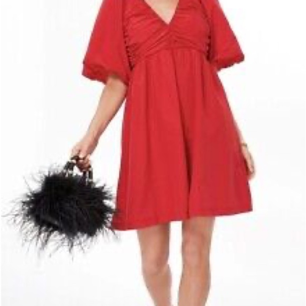Chic Red Dress with Feathered Bag